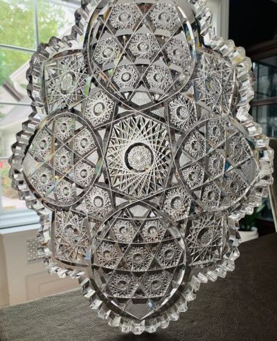 Magnificent American Brilliant Period Oval Fruit Bowl w/Hobstars & Star of David; 11" x 8.25"