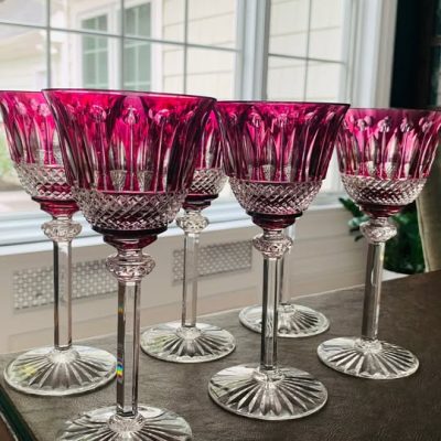 Saint-Louis Crystal Wine Glasses - Set of 6 - Amethyst; Hand Made in France; Signed