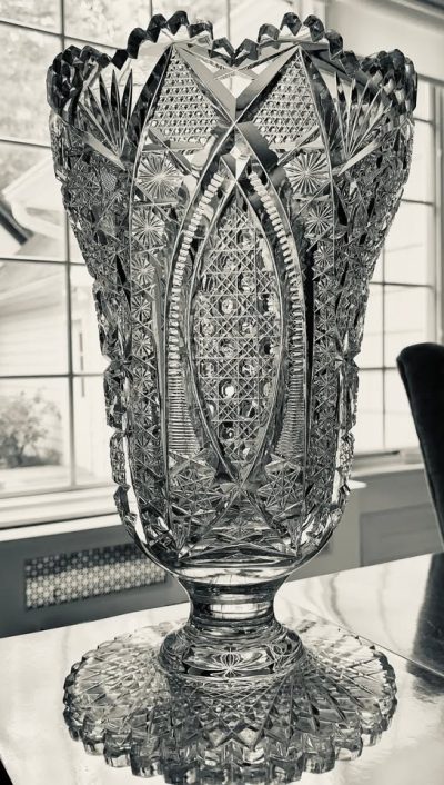 American Brilliant Period Cut Glass Large Pedestal Vase; 12" Tall, 7" Wide; Excellent Condition