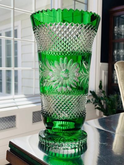 Emerald Green Cut-to-Clear 10" Crystal Vase w/Diamond Cuts & Floral Etching; Czech Republic