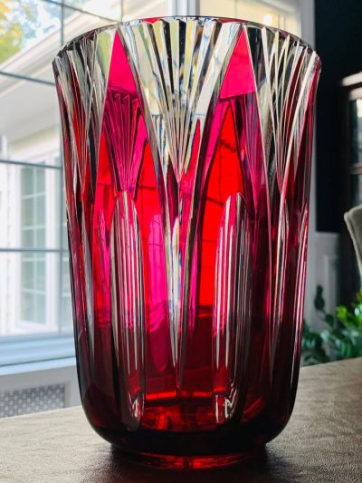 Vintage Val St. Lambert Cranberry Crystal Vase; Made in Belgium 1950s; MINT