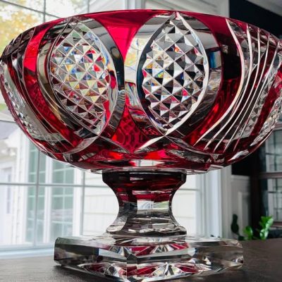 Val St. Lambert 12” Pedestal Bowl in Ruby Cut-to-Clear; Mid-Century; 17lbs of Brilliance; MINT