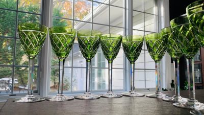 Val St. Lambert RARE Set of 10 Wine Glasses – Chartreuse Color; 7.5" Tall; Made in Belgium