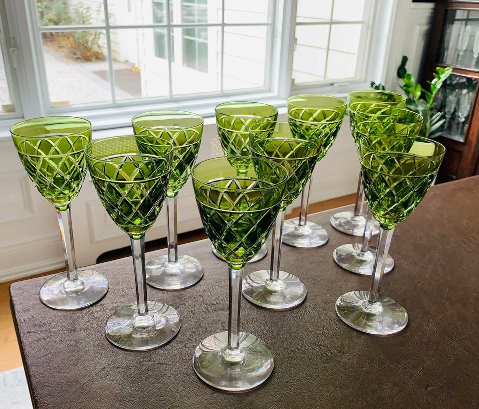 Val St. Lambert RARE Set of 10 Wine Glasses – Chartreuse Color; 7.5" Tall; Made in Belgium - Image 5