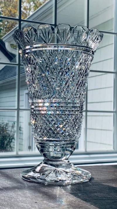 Vintage Waterford 10" Footed Urn Vase w/Georgian Strawberry Diamond Fan Design; Made in Ireland