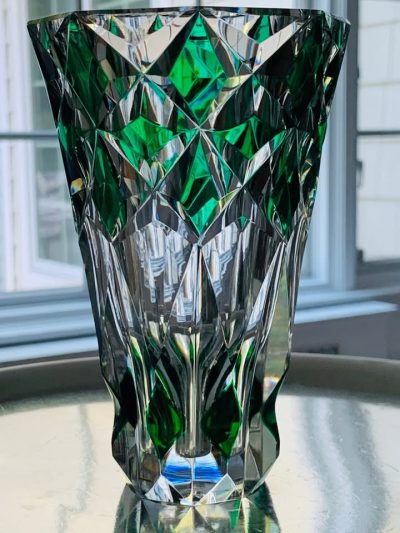 Saint-Louis Multi-Faceted Crystal Vase in Emerald Green Cut to Clear; 6” Tall; Made in France