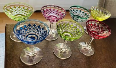 Set of 7 Val Saint Lambert Champagne/Sherbet Glassses in Gevaert Carlton Pattern c. 1955 (Rare)