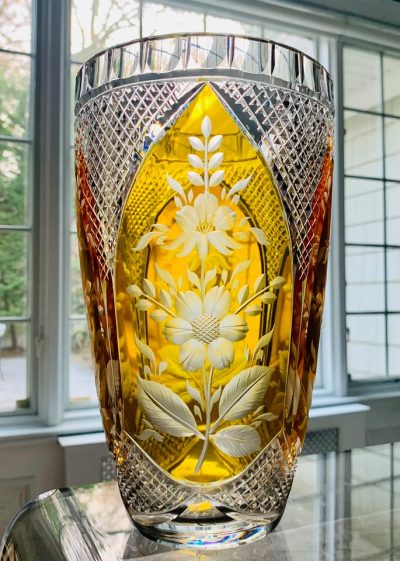 Stunning Citrine/Amber Crystal Vase w/Engraved Floral Motif; 10” x 6.25”; MINT Condition