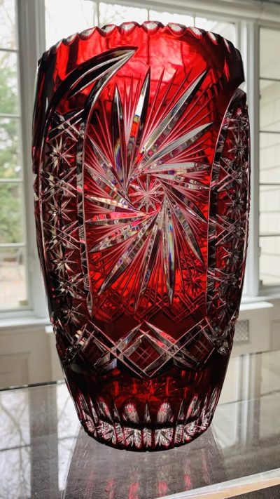 Vintage 1970s Large Ruby Crystal Barrel Vase by LAUSITZER Germany; 13” x 6”; LIKE NEW