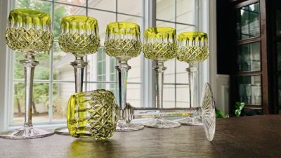 Set of 6 Antique Baccarat Wine Hocks - Chartreuse Color - MINT
