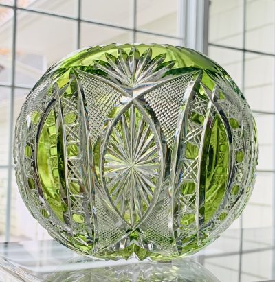 Antique (c. 1900s) Val St. Lambert Brilliant Era Peridot Crystal Flower Bowl; Excellent Condition