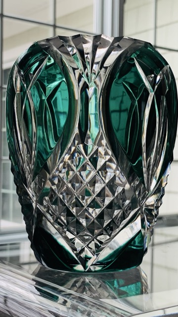Val St. Lambert Crystal Vase in Emerald Green Cut-to-Clear; 6" Tall; Signed