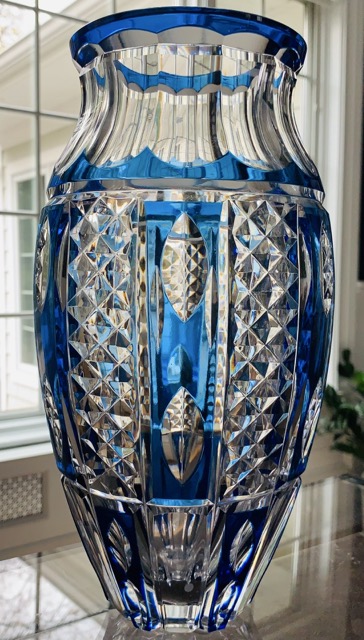 Val St. Lambert Art Deco Sapphire Crystal Vase; 12" Tall; Signed