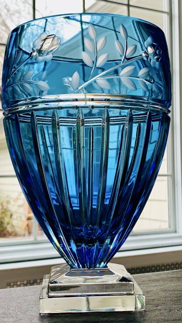 Ajka "Proinnseas" Pedestal Fine Crystal Vase in Blue Topaz; Hand Made in Hungary and Signed