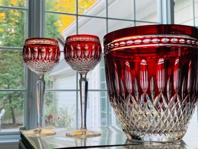 Waterford Crystal "Clarendon" Ruby Wine Hocks (2) & Matching Ice Bucket; NEW/MINT