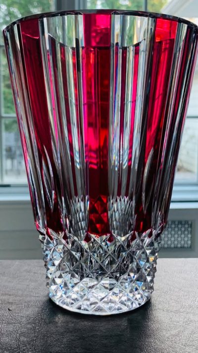 Vintage 1960s Val Saint Lambert Art Deco Cranberry Crystal Diamonds/Stripes Vase; 8 3/8" Tall; MINT