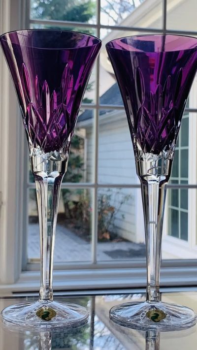2 Waterford Lismore Jewels Amethyst Flutes; New in Box; 9.25" Tall
