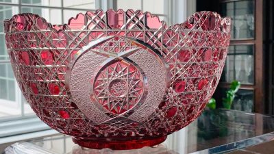 Magnificent 1970s German Cranberry Pink Crystal Centerpiece Bowl in Meissen Style; Approx. 12" x 7"