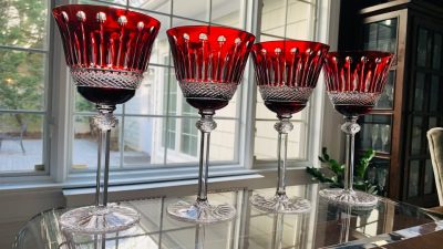 Set of 7 King Louis Crystal Ruby Wine Glasses; 4 Water Goblets + 3 Wine; LIKE NEW