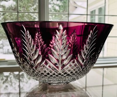 Ajka (Hungary) Limited Edition (#49/500) Magda Nemeth Signed Crystal Bowl; Amethyst/Rasberry Cut to Clear; 9.25" Wide; MINT