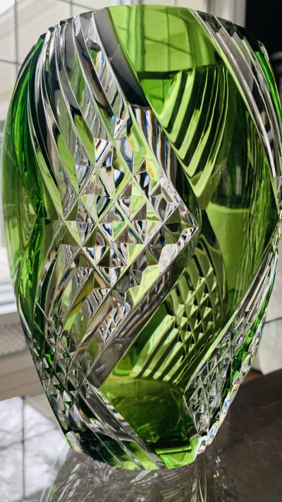 Val St. Lambert Crystal Vase;Limited Edition; Mid-20th Century; Chartreuse Cut-to-Clear; Signed