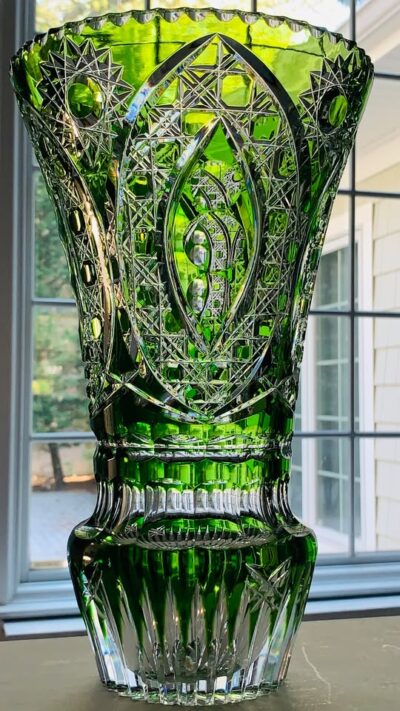 Vintage Large (13" Tall) Czech Crystal Vase in Peridot Green; GORGEOUS