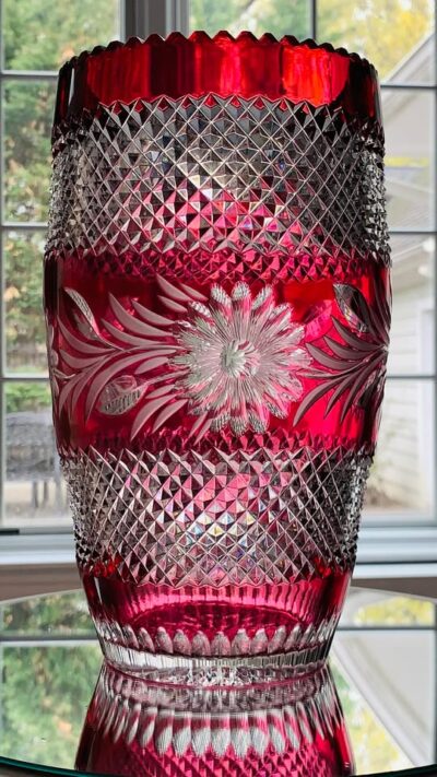 Vintage Imperlux Germany Cranberry Crystal 10-Inch Vase w/Floral Motif; MINT